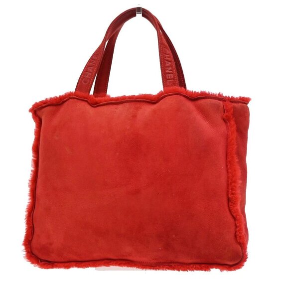 CHANEL CC Logo Hand Tote Bag Suede Shearling Fur Red GHW France 86KA838 - Picture 3 of 15
